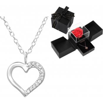 Glory Valentínsky strieborný náhrdelník srdce so zirkónmi v darčekovej krabičke s ružou VS1124