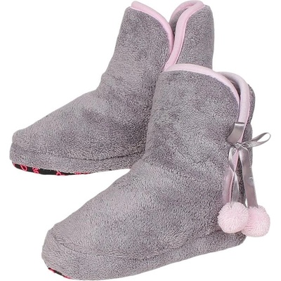 Детски пухкави пантофи-боти в сиво с розови помпончета