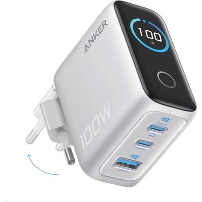 Anker Захранване за ел. мрежа за лаптопи, смартфони и таблети с USB-A и 2xUSB-C изходи с технология за бързо зареждане - Anker Prime GaN Prime Wall Charger Smart Display 100W (сребрист) (B121BG41)