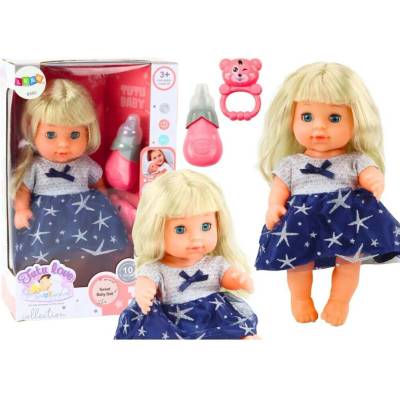 LeanToys Panenka v tmavě modrých šatech chrastítko čůrající lahvičky