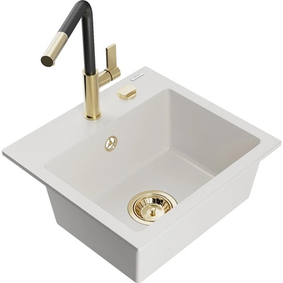 Mexen Milo мивка гранитна 1-камерна с кухненски смесител Flora, бяла - 6505-20-670401-57-G (6505-20-670401-57-G)