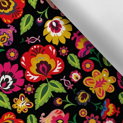 Látka s potlačou nepremokavý polyester TD/NS folk Ana na čiernom