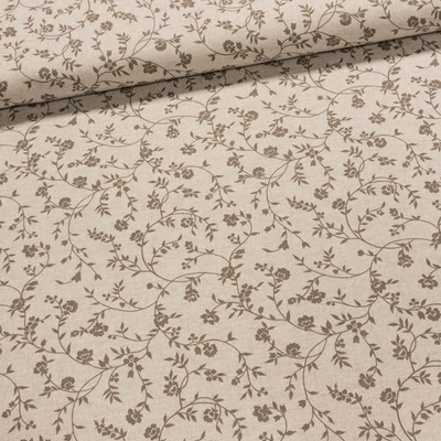 Směsové plátno F-6245 šedé popínavé rostliny na režné, š.140cm (látka v metráži)