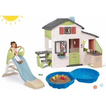 Smoby Set domček Priateľov a 1,5 m šmykľavka GM Slide Friends House Life s kuchynkou a elektronickým zvončekom a pieskovisko mušľa