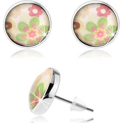Šperky eshop cabochon vypouklá čirá glazura barevné kvítky bílý podklad SP75.07