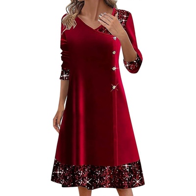 Дамска коктейлна рокля с дълги ръкави с v-образно деколте, кадифе и пайети, виненочервена