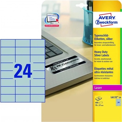 Avery-Zweckform L6133-20 70 x 37 mm prehľad produktov fólie strieborná 480 ks trvalé typové štítky laser, kópie; L6133-20