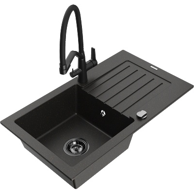 Mexen Pablo гранитна мивка с 1 корито с отцедник и кухненски смесител Duo, черен/златен металик - 6510-75-671701-70-B (6510-75-671701-70-B)