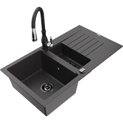 Mexen Matias гранитна мивка с 1, 5 камери и отцедник и кухненски смесител Savita, черен с пръски - 6502-76-672601-70-B (6502-76-672601-70-B)