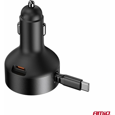 Nabíječka do auta výsuvná C kabel + USB C port 12/24V 60W AMiO-04368