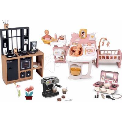 Smoby Set domček pre bábiku trojkrídlový a kuchynka s kávovarom Large Doll´s Play Center Soft Baby Nurse a kozmetický kufrík 3v1