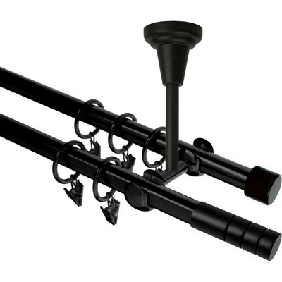 OK-GarnýžeCZ Garnýž kovová dvouřadá 19mm Techno černá 290 cm do stropu / kroužky s žabkou