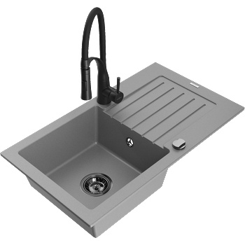 Mexen Pablo гранитна мивка 1-коморна с отцедник и кухненски смесител Aster, сив - 6510-71-73450-70-B (6510-71-73450-70-B)