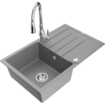 Mexen Bruno мивка от гранит 1-камерна с отцедище и кухненски смесител Savita, сив - 6513-71-672601-00 (6513-71-672601-00)