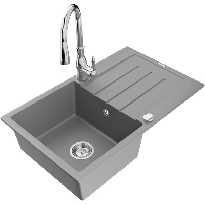 Mexen Bruno мивка от гранит 1-камерна с отцедище и кухненски смесител Savita, сив - 6513-71-672601-00 (6513-71-672601-00)