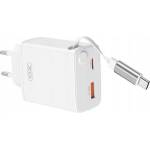 XO CE31 Променливотоково зарядно устройство USB+Type-C гнездо 30W, бързо зарядно PD 3.0 + кабел с фиксирана намотка Type-C, БЯЛ XO-CE31+TYPEC (XO-CE31+TYPEC)