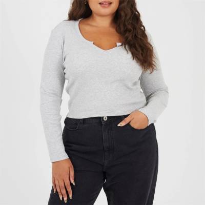 Brave Soul Дамска фланелка с дълъг ръкав Brave Soul Womens Plus Size V-neck Long Sleeve Top with Slit Detail - Grey Marl