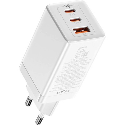 Baseus Зарядно устройство Baseus GaN3 Pro Quick wall charger C+C+U (CCGP050102), от контакт към 1x USB (ж)/2x USB-C (ж), 20V/3.25A, 65W, бяло (CCGP050102)