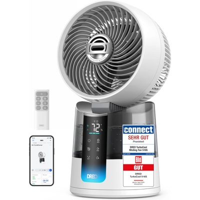 DREO TurboCool Mist Fan 516S, table fan with 150°+30° oscillation, evaporative cooler, 7.9 m/s, ultra-fine mist, 20 dB quiet, 6 speeds, 2 modes, app & remote control, RGB, white - DR-HEC006S