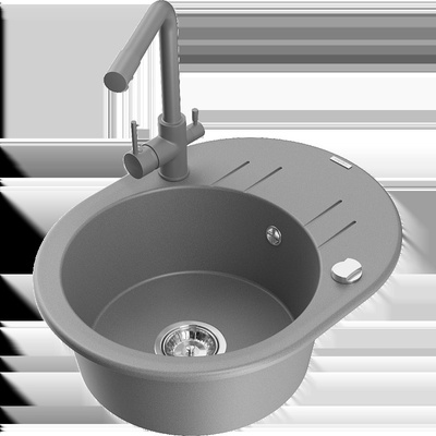 Kevin гранитна кухненска мивка с 1 корито с отцедник и кухненски смесител Duero, сив - 6517-71-671600-71 (6517-71-671600-71)