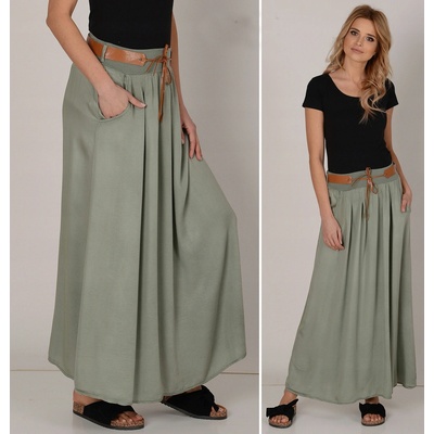 Fashionweek dlhá maxi letná sukňa zo vzdušného materiálu s vreckami + opasok ZIZI00 khaki