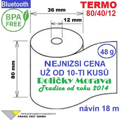 Termo kotouček 80/40/12 BPA 18m (80mm x 18m) Množství: 10 ks kotoučků ve fólii 19,80 Kč od 10-ti ks bez DPH