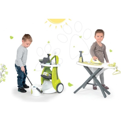 Smoby Set úklidový vozík Clean Service a žehlicí prkno s elektronickou žehličkou Tefal