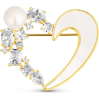 JwL Luxury Pearls Romantická pozlátená brošňa srdca s kryštálmi a perleťou JL0841