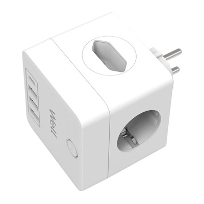 Well Разпределение на захранването от мрежата Powercube, 2x Schuko, 2x Euro, 3x USB-A, 1x USB-C, с превключвател, бял ELAD-2SH2EU-PROT/USBC4-WL (ELAD-2SH2EU-PROT/USBC4-WL)