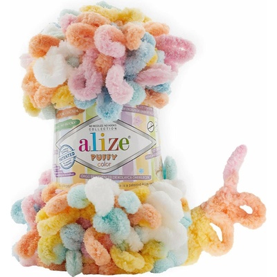 Příze s oky Alize PUFFY COLOR pro ruční pletení bez jehlic, 6521 vícebarevný melír, efektní, 100g/9m