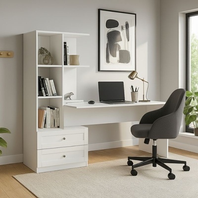TopMebel Меламиново офис бюро Mantra в бял цвят 150x60x152см