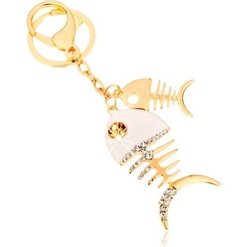 Šperky eshop Prívesok na kľúče v zlatom odtieni dve lesklé rybie kosti biela glazúra zirkóny SP65.18