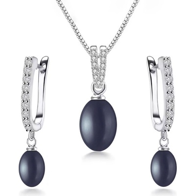 Grace Silver Jewellery Stříbrná souprava šperků s černou perlou a zirkony SET2090 Stříbrná Černá