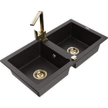 Mexen Mario гранитна мивка с 2 камери и кухненски смесител Rita, черно/златист металик - 6504-75-670300-50 (6504-75-670300-50)