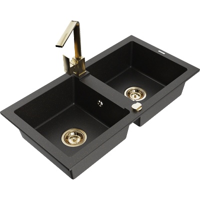 Mexen Mario гранитна мивка с 2 камери и кухненски смесител Rita, черно/златист металик - 6504-75-670300-50 (6504-75-670300-50)