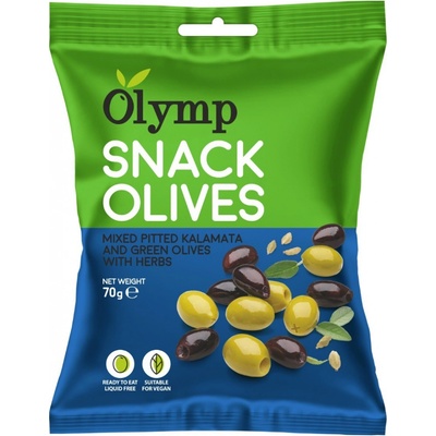 Olymp Snack Olives Mix Kalamata tmavé a zelené olivy bez kôstky s bylinkami 70 g