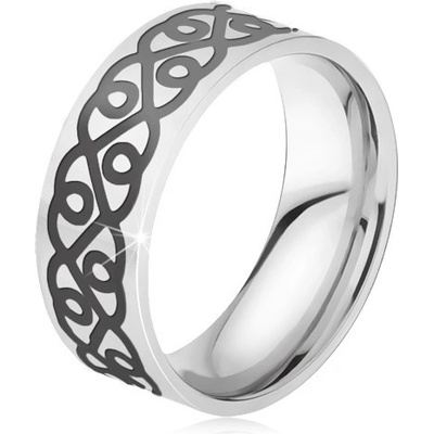 Šperky eshop ocelový prsten stříbrná obroučka tlustý černý ornament srdce BB17.02
