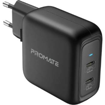 Promate Зарядно 220V ProMate, GANPORT-90PD, 90W Power Delivery GaNFast Charging Adapter Dual USB-C Ports Fast Charging Power Delivery for iPhone 8 and up Quick Charge for All Androids, Черен