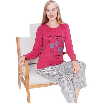 Дамска пижама в тъмнорозово с райе и цветя