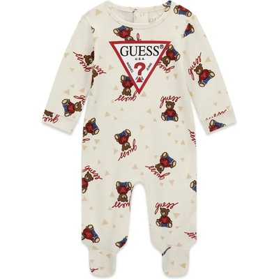 Guess Мръсно бял ромпър за новородено бебе покрит с цветни мечета и червено лого Guess