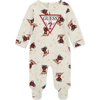 Guess Мръсно бял ромпър за новородено бебе покрит с цветни мечета и червено лого Guess