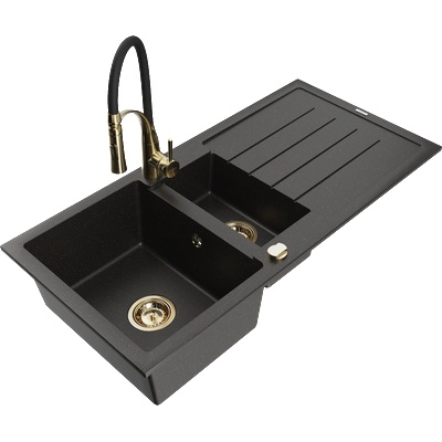 Mexen Andres гранитна мивка с 1, 5 камери, с отцедник и кухненски смесител Aster, черен/златен металик - 6515-75-73450-57-G (6515-75-73450-57-G)