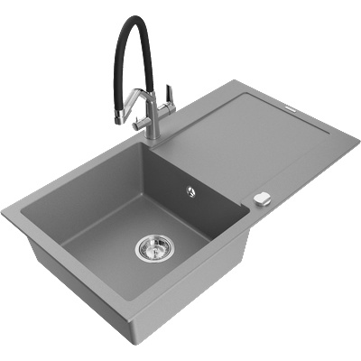 Mexen Leo гранитна мивка с 1 отделение, с отцеждач и кухненски смесител Duo, сив - 6501-71-671701-07 (6501-71-671701-07)