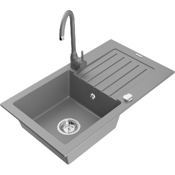 Mexen Pablo кухненска мивка от гранит с 1 отделение с отцеждащо място и кухненски смесител Telma, сив - 6510-71-670200-71 (6510-71-670200-71)
