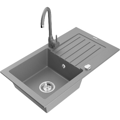 Mexen Pablo кухненска мивка от гранит с 1 отделение с отцеждащо място и кухненски смесител Telma, сив - 6510-71-670200-71 (6510-71-670200-71)