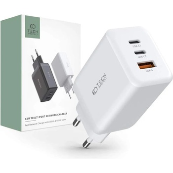 Tech-Protect C65W Wall Charger 65W PD - захранване за ел. мрежа за лаптопи, смартфони и таблети с USB-A и 2xUSB-C изходи с технология за бързо зареждане (бял)