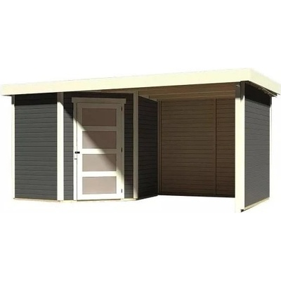 KARIBU SCHWANDORF 3 drevený domček + prístavok vrátane zadnej a bočnej steny 240 cm (77741) 433 x 217 cm, terragrau LG3896
