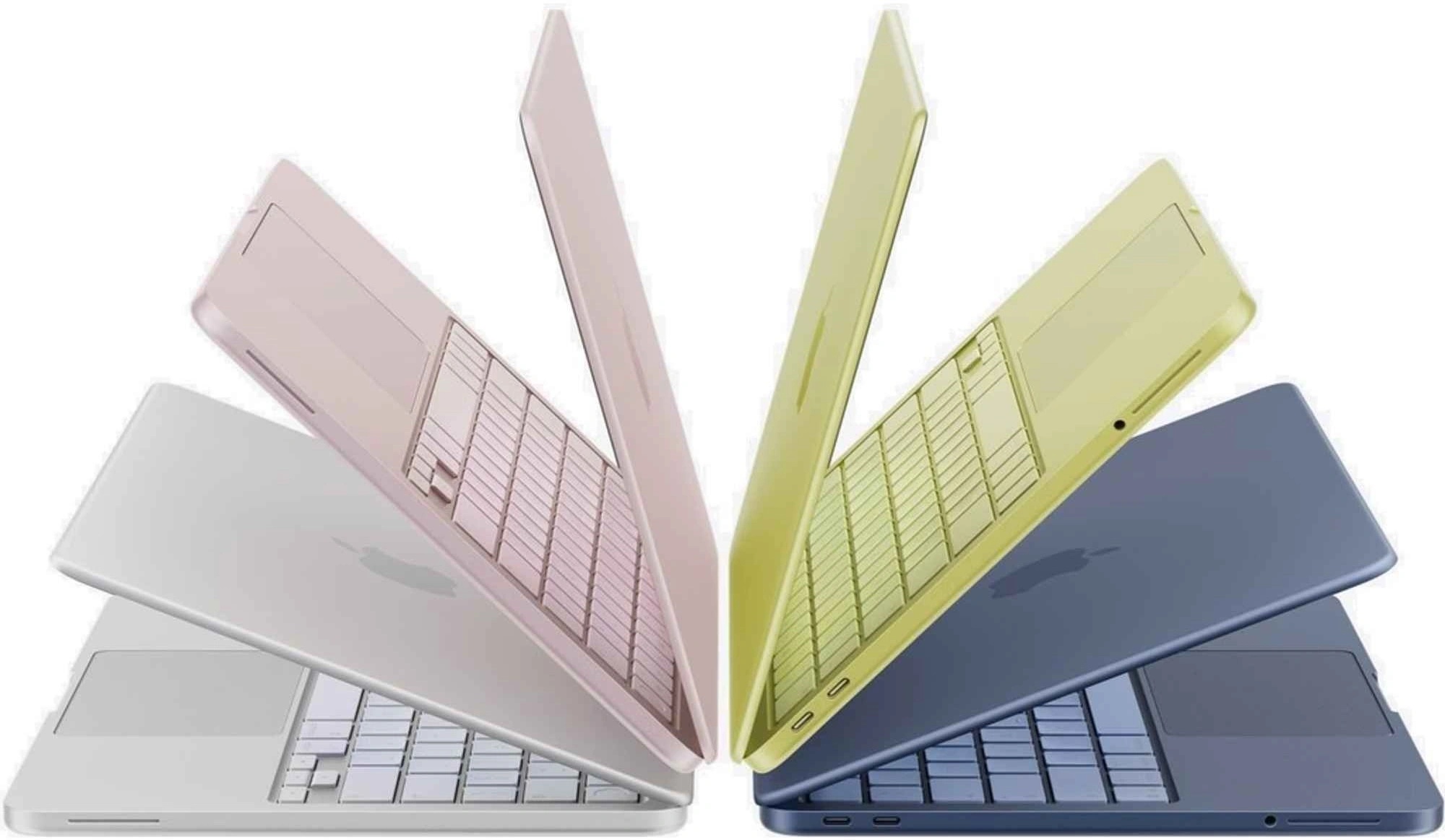 MacBook Neo ve žluté, modré, růžové a stříbrné barvě MacBook Neo ve žluté, modré, růžové a stříbrné barvě