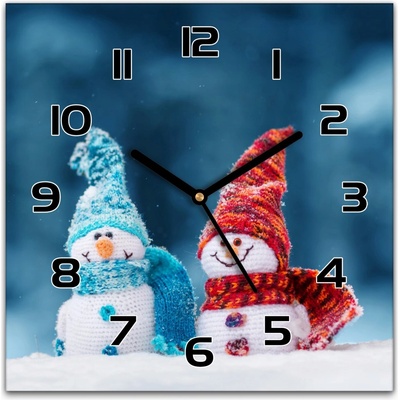 Coloray Sklenené hodiny Vianočné snehuliaky nástenné 30x30 cm