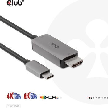 Club 3D CLUB3D кабел, USB Gen2 C към HDMI, 4K120Hz, 8K60Hz, HDR10, DSC1.2, M/M, 3m (CAC-1587)